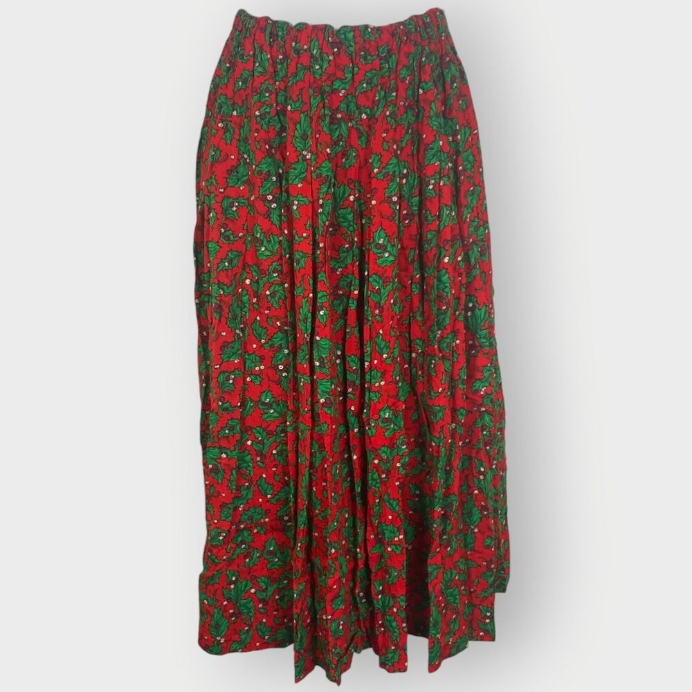 Vtg Holiday Christmas Midi Skirt | Holly Berry | Pleated Elastic Waist Pull On